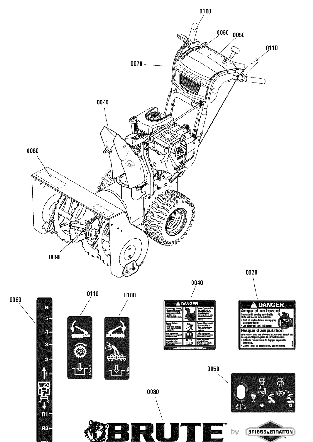 Decals Group Diagram and Parts List for 1695871 2010 Briggs and Stratton Snow Blower